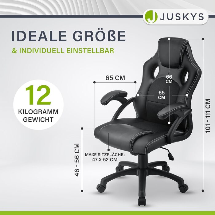 Ергономічне офісне крісло Juskys Racing Montreal з регульованою висотою та м&39яким покриттям, вантажопідйомність 120 кг, офісне крісло, обертове крісло, ігрове крісло для ПК - чорне, 111 см