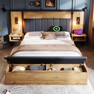 Двоспальне ліжко Kebnor з м&39якою поверхнею, комплект ліжка з лампою для читання та USB-портом, тумбочкою та лавкою для зберігання речей, каркас ліжка з рейковою основою з металу, дерева та льону, дуб (матрац не входить до комплекту) (180200 см) 180200 с