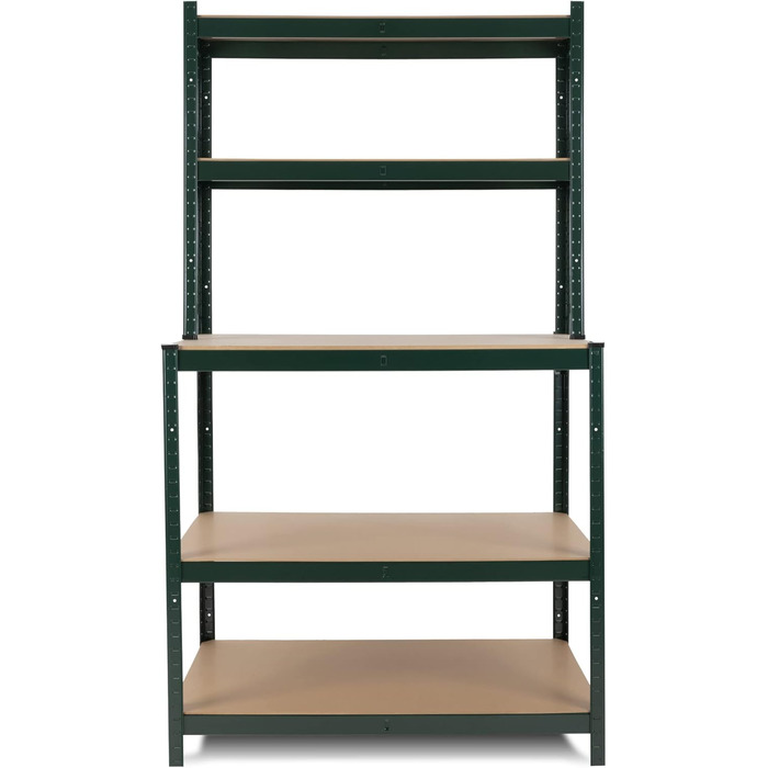Полиця для робочого столу Stagecaptain WBR-175 SR - Міцна полиця з робочим столом - Полиця для зберігання в майстерні, підвалі, коморі - 5 полиць на 2 глибини - Надзвичайно стійка робоча поверхня висотою 97 см - Зелена