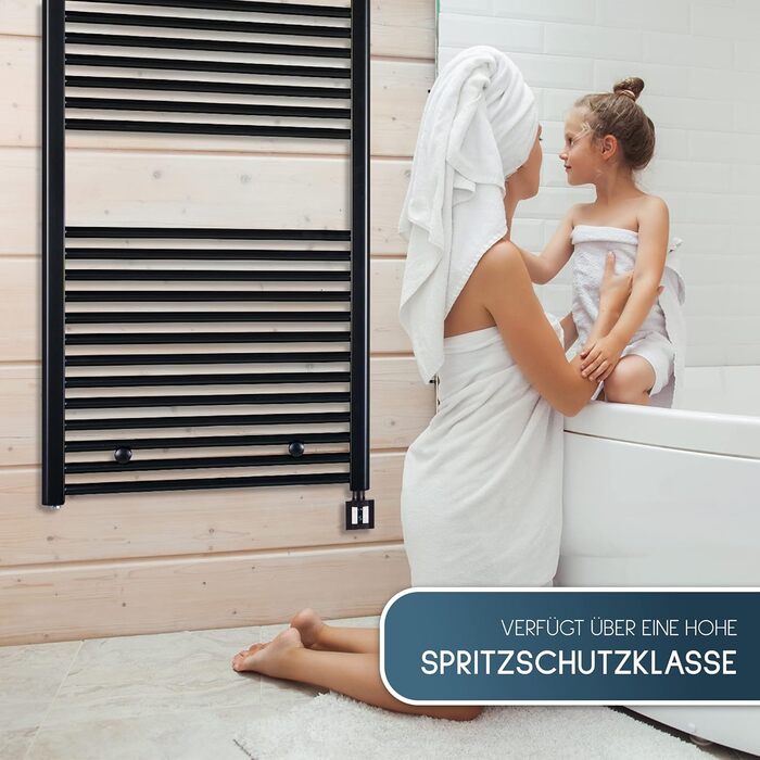 Електричний радіатор для ванної кімнати anapont з WiFi та Bluetooth 1475x600 - чорний прямий - рушникосушка - електричний обігрівач для ванної кімнати - рушникосушка - Зроблено в Німеччині Чорний 1475в x 600вт