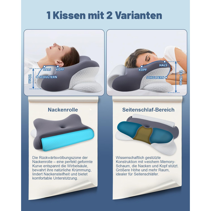 Подушка для шиї, ортопедична подушка 2-в-1 з валиком для шиї, ергономічна подушка з піни з ефектом пам&39яті для сну на боці - подушка для сну для шиї та сну - переможець тесту на подушку для підтримки шиї