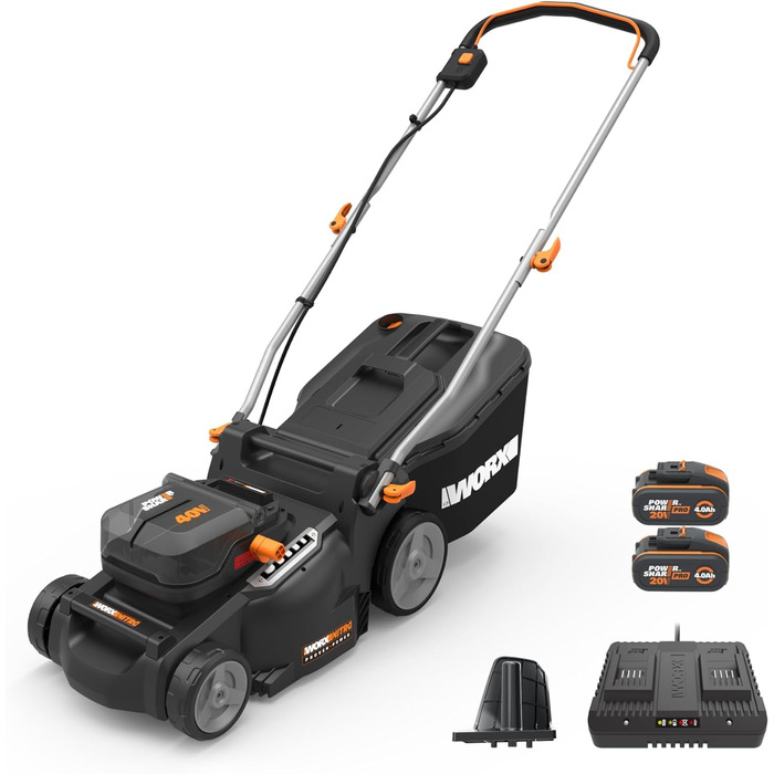 Акумуляторна газонокосарка WORX WG737E Nitro 40В (2х20В) - потужний безщітковий двигун - ширина зрізу 37см - 6 налаштувань висоти зрізу (20-70мм) - травозбірник на 40л - в комплекті батареї 2х4Ач та подвійний зарядний пристрій