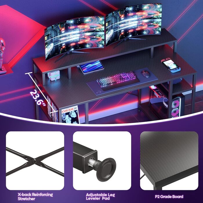 Великий стіл Bestier, комп'ютерний стіл, стіл для ПК, офісний стіл, ігровий стіл з 4 полицями та полицею для монітора, ігровий сті