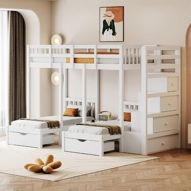 Двоярусне ліжко Billg 200x90 см для 3 дітей, дитяче ліжко із захистом від падіння, ліжко-горище з висувними ящиками, тумбочками і