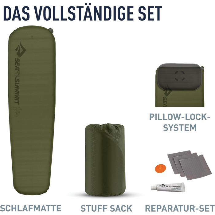 Самонадувальний килимок для сну Camp Plus, великий - Товстий та теплий килимок для сну - Ремкомплект та система блокування подушки - 4 сезони - Кемпінг - 198 x 64 см - Зелений - 1185 г, велика мумія