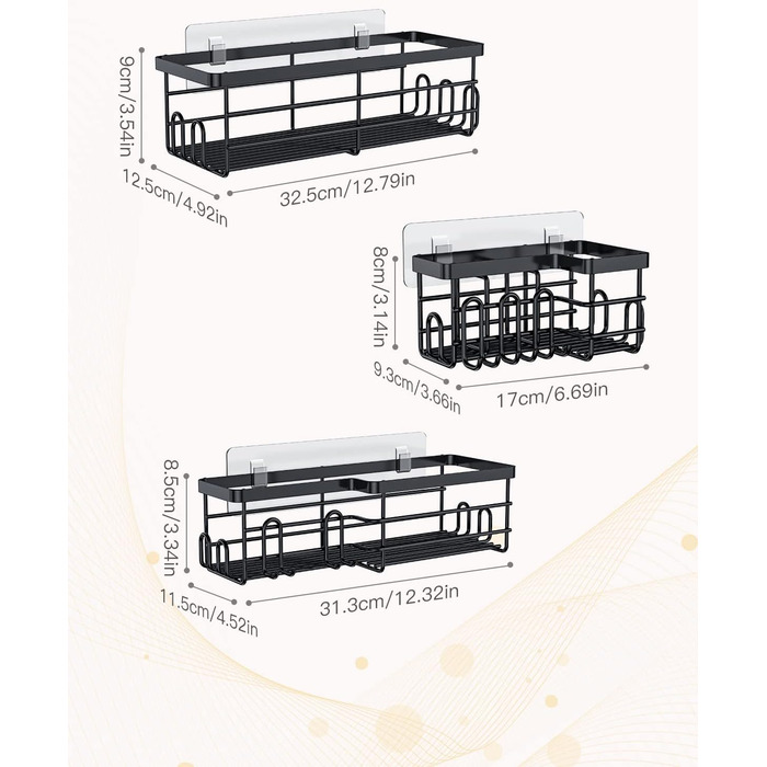 Душова полиця Uamector без свердління, 3 шт. Полиця для ванної кімнати, нержавіюча чорна Душова полиця для шампуню та гелю для душу (чорна) прямокутник 3 упаковки чорний
