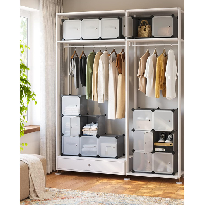 Система полиць, Взуттєва полиця, Набір із 16 кубів, Пластикова шафа з дверима, Модульні полиці, Місце для зберігання одягу, взуття та книг, Легке складання, Сірий LPC443G01 16 кубів (123Ш x 123В см) Сірий