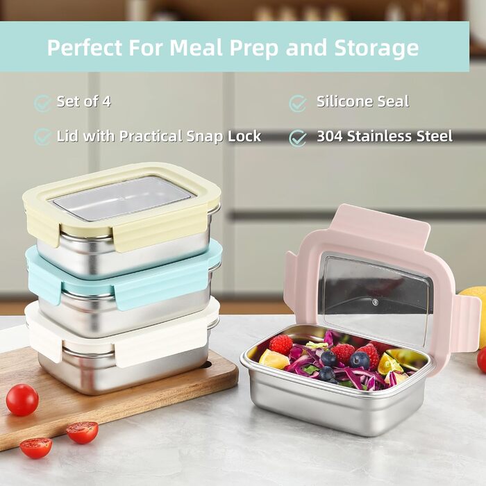 Контейнери для зберігання продуктів Misichao з нержавіючої сталі з кришками, штабелювані контейнери для їжі для кухні та комори, герметичні, багаторазові, металеві ланч-бокси Bento для дітей та дорослих, 650 мл, 4 білих жовтих рожевих зелених 650 мл 650 м