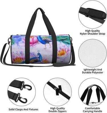 Спортивна сумка для подорожей, стильна з принтом павича та лотоса, дорожня сумка на ніч, чорна, універсальний розмір