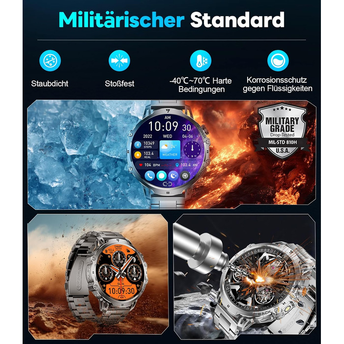 Розумний годинник LIGE Military для чоловіків - 1000 мАг/1,85 дюйма HD великий сенсорний екран/світлодіодна підсвітка, фітнес-годинник з більш ніж 110 спортивними режимами, відстеження серцевого ритму/сну, 2 браслети, водонепроникність IP68, спортивний го