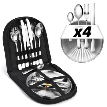 Предметний набір посуду для кемпінгу на 4 особи Набір столових приборів з виделками, ножами та ложками з нержавіючої сталі Портативні столові прибори для використання на свіжому повітрі, пікніків та барбекю. (Включає 4 чайні ложки) (Стандартна версія) Ста
