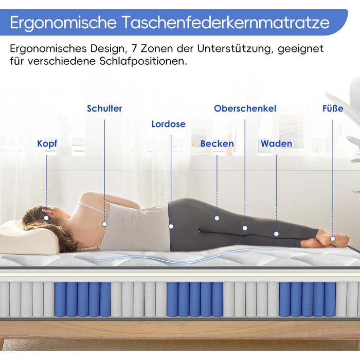 Матрац 90x200 7-зонний пружинний матрац Матрац з пружинами кишенькової форми, висота 22 см Ортопедичний матрац, середньої жорсткості (H3) Матрац, сертифікований Oeko-Tex (90x200 см)