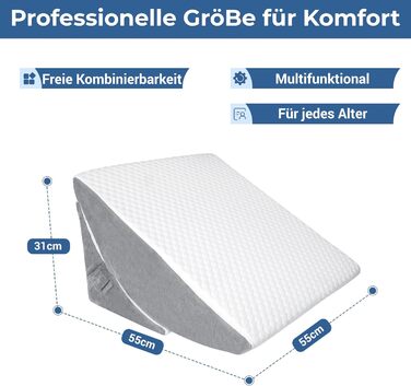 Регульована клиноподібна подушка, подушка для читання з піни високої щільності з валиком для шиї для ліжка та дивана, ергономічна клиноподібна подушка для ліжка від рефлюксного апное сну, подушка для ніг, подушка для спини для читання, гри або перегляду т