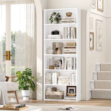 Книжкова полиця FirFurd, дерев&39яна полиця з 6 відділеннями, полиці, книжкова шафа, полиця для зберігання для вітальні, кабінету, виготовлена з дерева, 180 x 60 x 23,5 см, білий