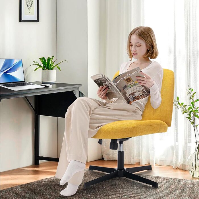 Широке офісне крісло COLAMY, м&39яке офісне крісло без підлокітників, поворотне крісло для домашнього офісу, функція гойдання 115, ергономічне комп&39ютерне крісло для домашнього офісу, макіяжу, ігор (хрестова основа, жовтий)