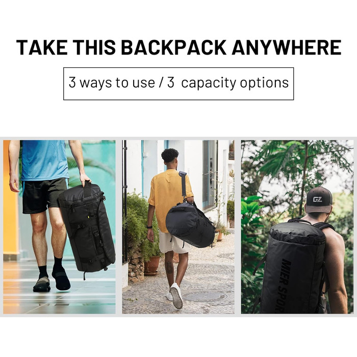 Велика водонепроникна спортивна сумка/рюкзак MIER з відділенням для взуття, що трансформується в рюкзак, 45 л/60 л/90 л, чорна, 90 л