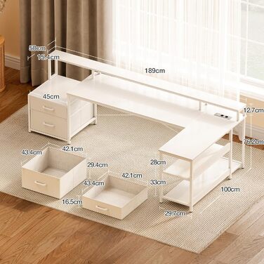 Письмовий стіл ODK з шухлядами, 189,3100 см, двосторонній кутовий стіл, великий, з 2 розетками та портом зарядки USB, L-подібний стіл з місцем для зберігання, ігровий стіл для домашнього офісу, білий 189,310088,7 см