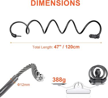 Дитячий велосипедний замок, 120 см, захист від крадіжки, кабельний замок з 5-значним кодом, для велосипедів, мотоциклів, скутерів, чорний. Замок з кодовим механізмом., 1203-12