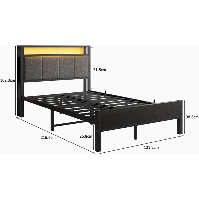 Ліжко 120x200 см, каркас ліжка із зарядною станцією, міцне металеве ліжко з дерев&39яним узголів&39ям для зберігання та тканиною, гостьове ліжко, двоспальне/односпальне ліжко, каркас ліжка для гостьової кімнати, металеве з рейковою основою, чорне, 120 x 2