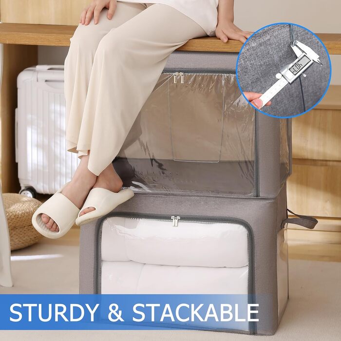 Коробка для зберігання одягу з 2 предметів, складна коробка для зберігання одягу з металевим каркасом та 3 віконцями, сумка для зберігання ковдр, пледів та одягу, сіра (24 л) 2 предмети - сірий - 24 л