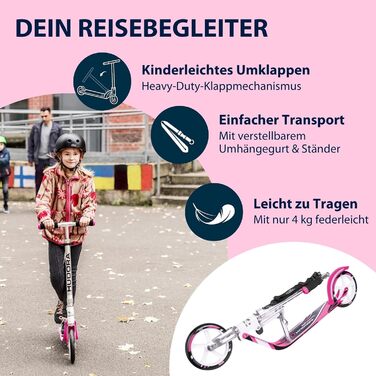 Самокат HUDORA BigWheel 205 стабільний алюмінієвий міський самокат, складаний, з регулюванням висоти та підніжкою, для дітей та дорослих (до 100 кг), білий/рожевий
