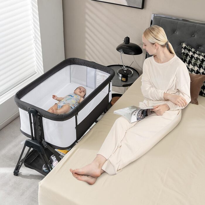 Дитяче ліжечко DREAMADE, 7-рівневе регульоване по висоті дорожнє ліжечко з матрацом та колесами, складне дитяче ліжечко з регульованим кутом нахилу, для дітей 0-6 місяців та вагою до 9 кг (темно-сіре)