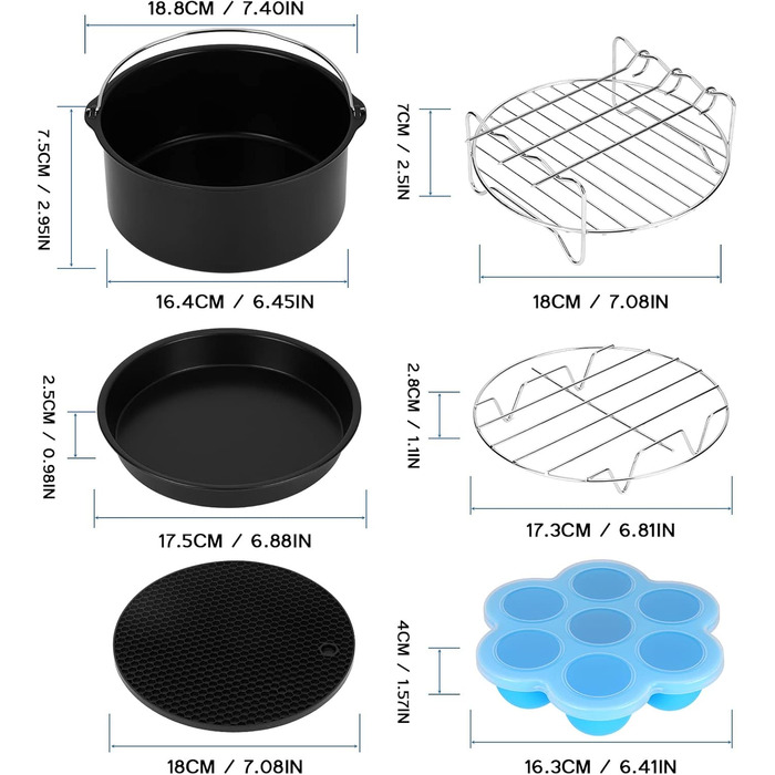 Аксесуари для фритюрниці Wodasi, Аксесуари для фритюрниці 3.5 л Набір аксесуарів із шести предметів, Air Fyer для всіх брендів, форма для мафінів, форма для піци, форма для випічки, решітка для приготування на пару, силіконовий килимок, решітка для гриля