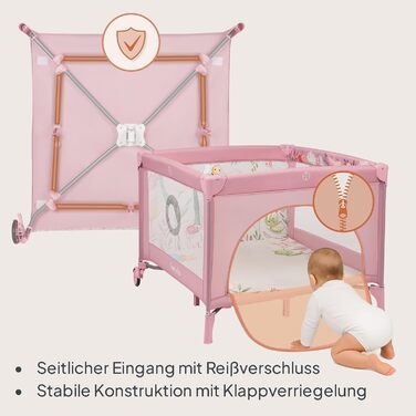 Дитячий манеж та дорожнє ліжечко LIONELO Mille Plus 2-в-1 100x100 см з матрацом та 3D-чохлом для немовлят, вагою до 15 кг (0-36 місяців), бічний вхід на блискавці, 2 колеса з гальмами, складний, сумка для перенесення рожевого кольору