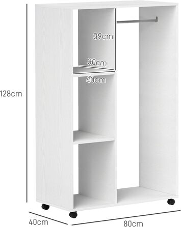 Шафа на колесах, Мобільна шафа, 1 вішалка для одягу, 3 полиці, Шафа, Вішалка для одягу на колесах для коридору, спальні, 80 x 40 x 128 см, Білий