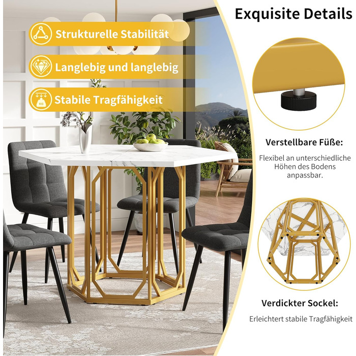Шестигранний обідній стіл Merax, великий сучасний кухонний обідній стіл для 4-6 осіб, стільниця з МДФ з мармуровим візерунком, міцна металева основа золотого кольору, для кухні, вітальні, 110,2 x 95,4 см (110,2 x 95,4 x 75,5 см) Мармуровий візерунок та зо