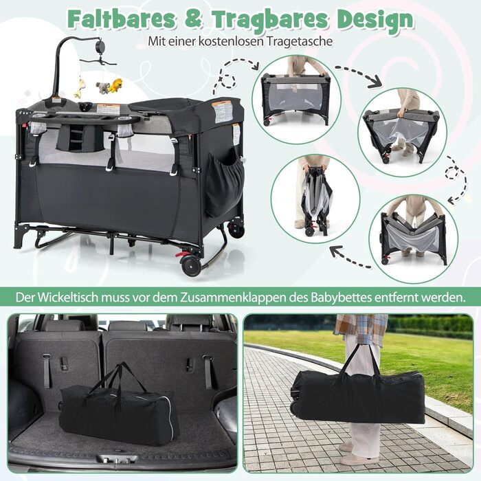 Дорожнє ліжечко 5 в 1 для немовлят, 120 x 60 см, приліжкове ліжко з матрацом та пеленальний столик, музичний мобіль та іграшки, дитяче ліжечко з регульованою висотою для немовлят від народження (темно-сірий)