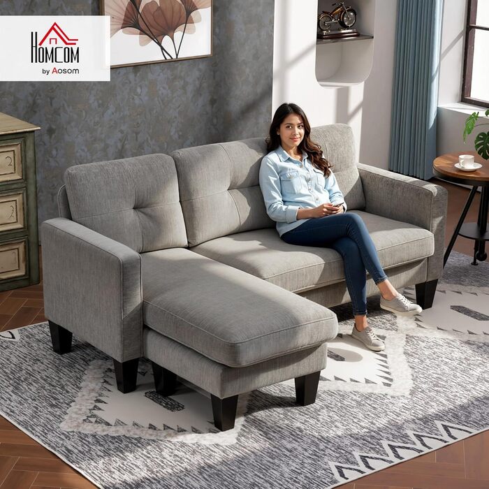 Кутовий диван HOMCOM, кутовий диван з двостороннім шезлонгом, L-подібний диван, м&39який кутовий диван з пружинним каркасом, сталевий каркас, колір шеніл, 186 x 130 x 84 см, сірувато-коричнева тканина кольору шеніл