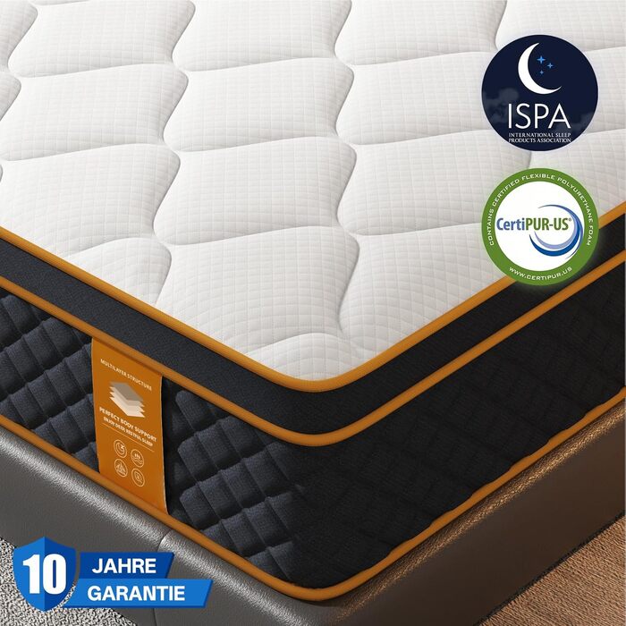 Матрац 140x200 см піна з ефектом пам&39яті та окремі пружини кишенькового типу, висота 25 см, рівень жорсткості H3, ергономічний 7-зонний пружинний матрац, оптимальний комфорт та підтримка спини, Oeko-Tex та CertiPUR 140200 см