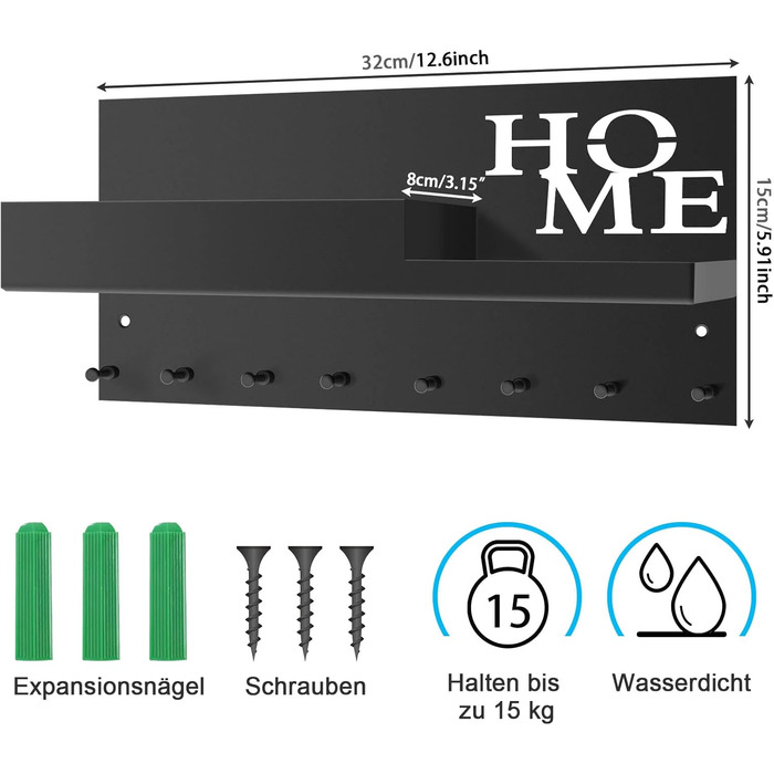 Ключниця VOIMO з полицею, сучасний настінний органайзер для ключів з тримачем, ключниця на 8 гачків з настінним органайзером та ло