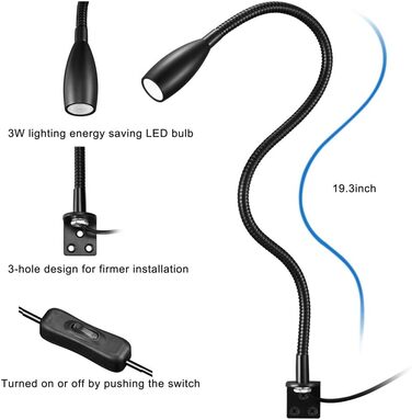 Світлодіодна лампа для читання FIFILARY, 2 приліжкові світильники, настінні світильники, письмовий стіл, книжкова полиця та освітлення вітрин 200 лм / 3000K / 3 Вт / 110-240 В змінного струму, кут променя 30, довжина гусячої шиї 48 см Чорний