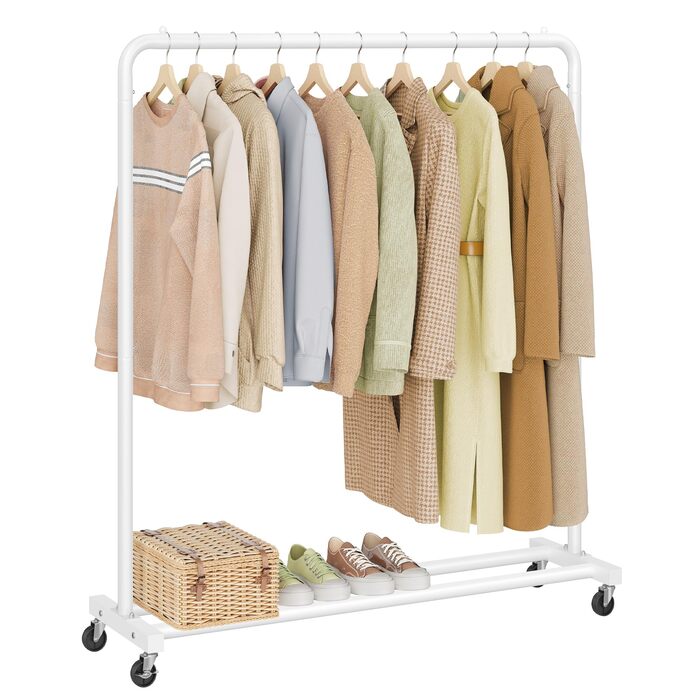 Вішалка для одягу SONGMICS, Штанга для одягу на колесах, Підставка для гардеробу, 2 колеса з гальмом, Спальня, Вантажопідйомність до 50 кг, 38 x 110 x 141,5 см, Матовий білий HSR016WG01 Матовий білий, одинарна рейка