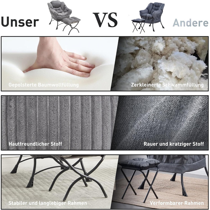 Крісло-гойдалка з оттоманкою, реклайнер з підніжкою крісло для спальні для дорослих, сучасне декоративне крісло для відпочинку з підлокітниками, ергономічна підставка для ніг, сірий колір