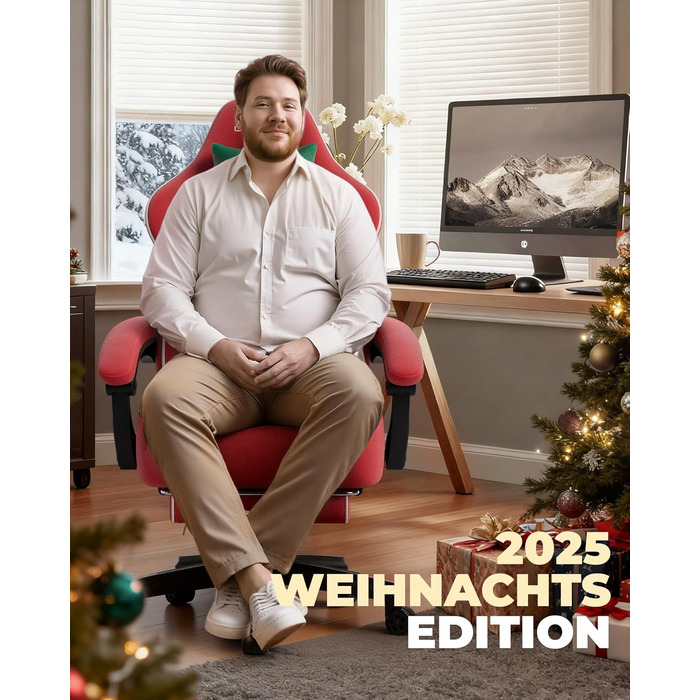 Ігрове крісло GTPLAYER з різдвяним мотивом, ігрове крісло з підставкою для ніг, надзвичайно широке сидіння, з пір&39яною подушкою, вантажопідйомність 150 кг для великих та сильних людей Оксамит