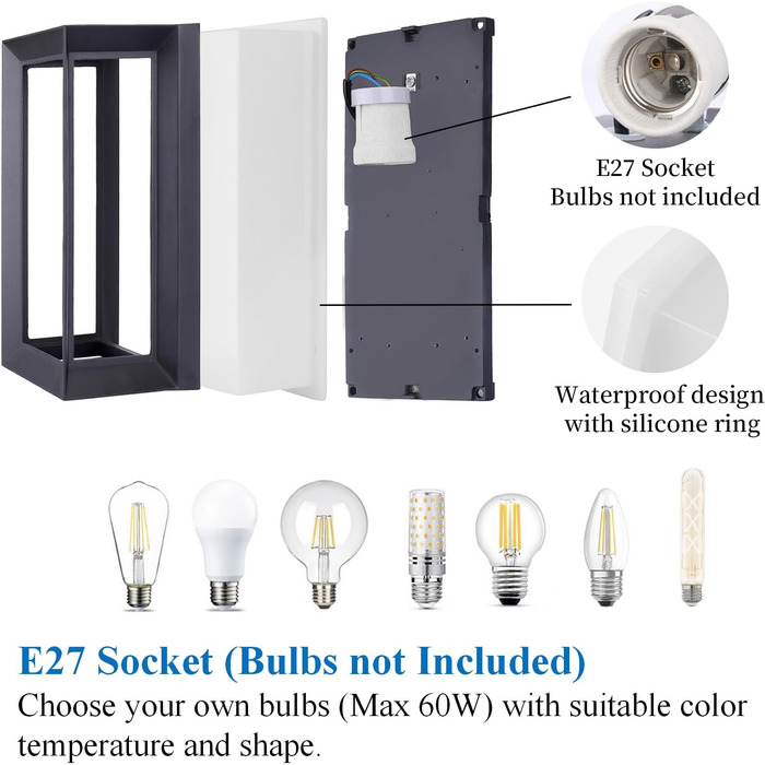 Вуличний настінний світильник Klighten E27 Цоколь, Макс 60 Вт, Сучасний зовнішній настінний світильник Зовнішній інтер'єрний насті