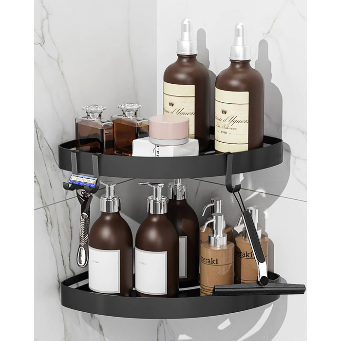 Кутова полиця для душу без свердління, чорна, з тримачем для шампуню та захистом від іржі. Набір з 2 полиць з 4 гачками, проста установка, чорний колір.