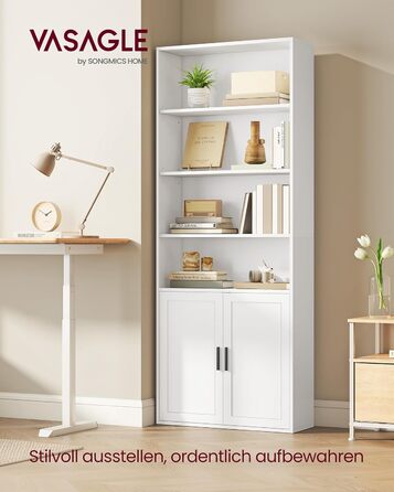 Колекція Custos - Книжкова полиця, висока 6-ярусна, окремостояча полиця з дверцятами, відкрита полиця для зберігання, 24 x 60 x 175 см, для вітальні, домашнього офісу, їдальні, хмарно-білий LBC402W01 60B см хмарно-білий