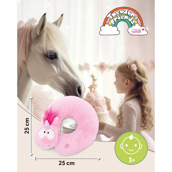 Дитяча подушка для шиї NICI Єдиноріг рожевий 25x25 см - Подушка для шиї - Пухнаста дитяча подушка для дівчаток та хлопчиків - Ідеально підходить як подушка для подорожей - 49656
