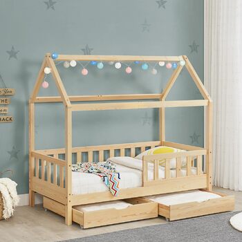Дитяче ліжко Juskys Marli 90 x 200 см з 2-секційним ящиком для зберігання, захисними поручнями, рейковою основою та дахом - Ліжко-будиночок з масиву дерева для дітей - Ліжко з натурального дерева 90 x 200 см