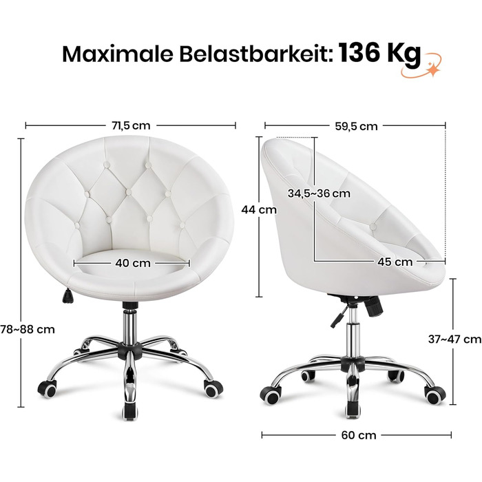 Крісло Yaheetech, Туалетне крісло, Крісло для домашнього офісу, Офісне крісло, Офісне крісло з регульованою висотою та м&39яким сидінням, Кругле поворотне крісло з колесами, Робоче крісло зі штучної шкіри, Біле