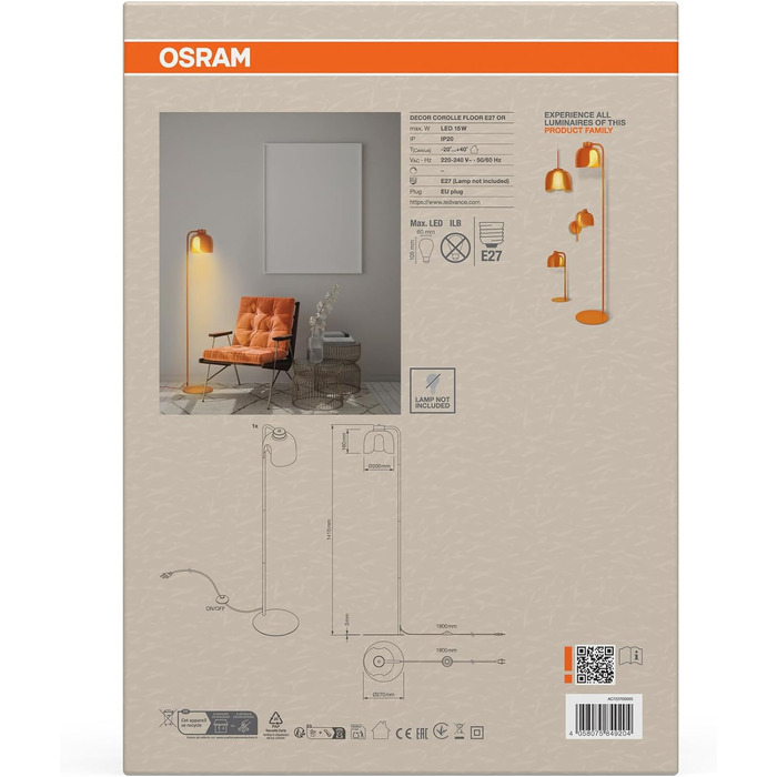Підлоговий світильник Osram Decor Corolle E27, помаранчевий, ретро