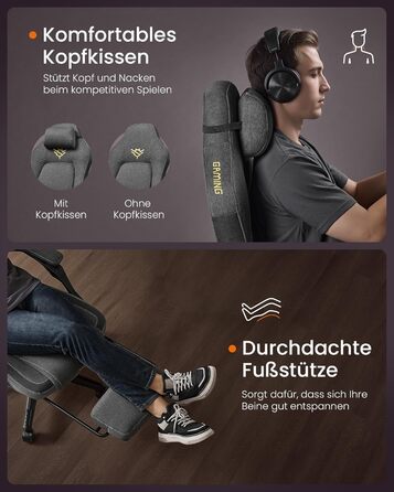 Ігрове крісло SONGMICS HOME, ергономічне комп&39ютерне крісло з підставкою для ніг, офісне крісло, обертове крісло з підголівником, суміш бавовни та льону, регульована висота, колір голубий сірий OBG072G01