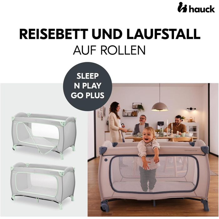Дорожнє ліжечко Hauck Sleep N Play Go Plus, Dusty Mint - Дитяче дорожнє ліжечко з колесами, сумкою для перенесення, складною основою та великою ігровою зоною - Від народження до 15 кг - Компактне та складане