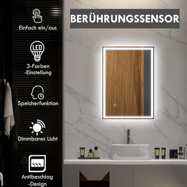 Дзеркало для ванної кімнати HOMCOM, дзеркало для ванної кімнати зі світлодіодним підсвічуванням, настінне дзеркало 70 x 50 см, дзеркало з протитуманним світлом з сенсорним вимикачем, IP44
