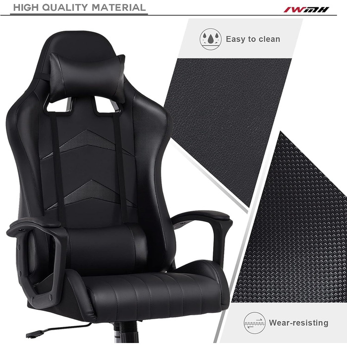 Ігрове крісло IntimaTe WM Heart, ергономічне ігрове крісло, офісне крісло з регульованим підголівником та поперековою опорою, комп&39ютерне крісло з високою спинкою, 52 x 49 x 130 см (чорне) Чорний 52 Г x 49 Ш x 130 В см