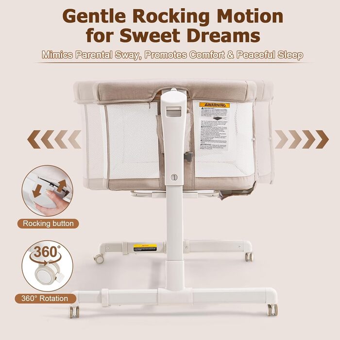 Дитяча колиска 3-в-1 &quotПоруч зі мною&quot для новонароджених, ліжко-гойдалка з бічним ліжком, дихаючою сіткою та безшумними поворотними колесами на 360 з фіксатором, регульована на 6 рівнів висоти, вівсянка